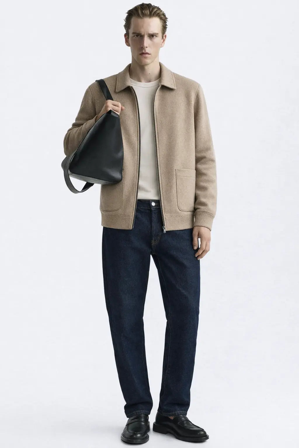 Cesare Full Zip Sweater shown in a lifestyle setting, full length view