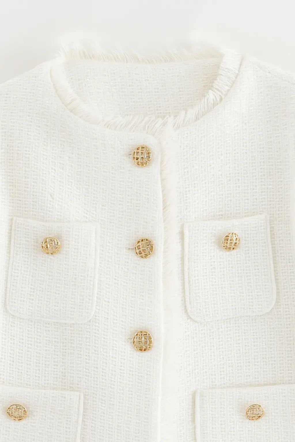 Close-up detail of Chic Tweed Jacket, fastening detail