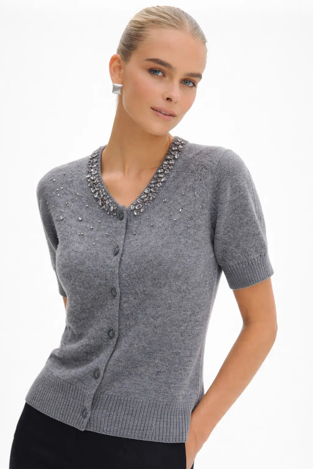 Cinder Cardigan shown in a lifestyle setting, alternate view