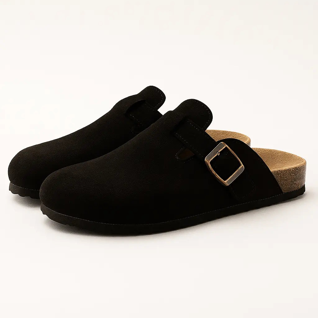 Close-up detail of Black Classic Boston Slipper Clogs