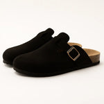 Close-up detail of Black Classic Boston Slipper Clogs