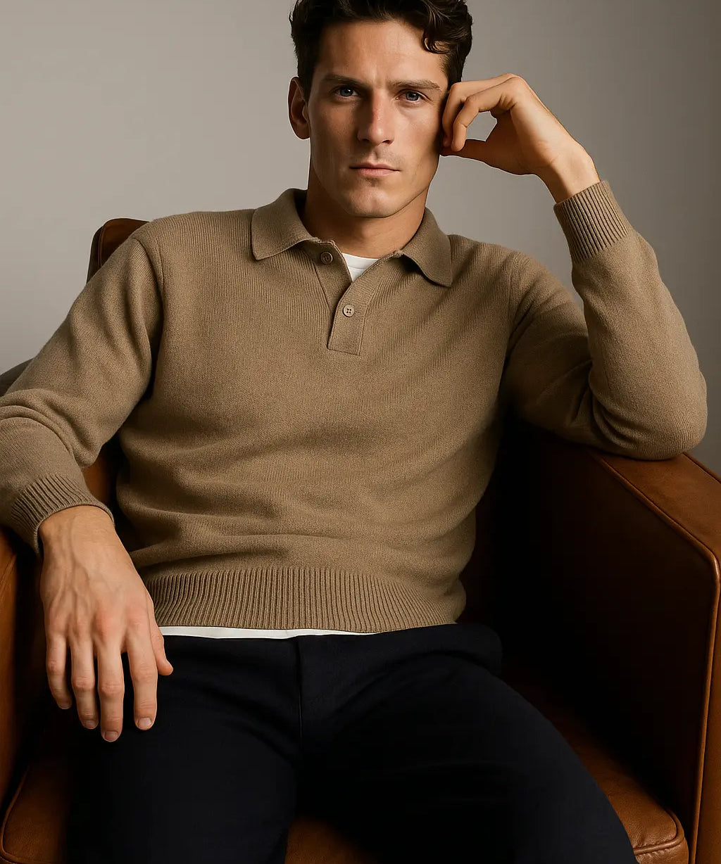 Beige Classic Cotton Knit Sweater shown in a lifestyle setting