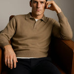 Beige Classic Cotton Knit Sweater shown in a lifestyle setting