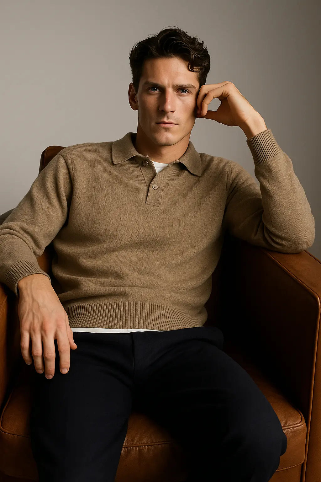 Beige Classic Cotton Knit Sweater shown in a lifestyle setting