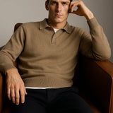 Beige Classic Cotton Knit Sweater shown in a lifestyle setting