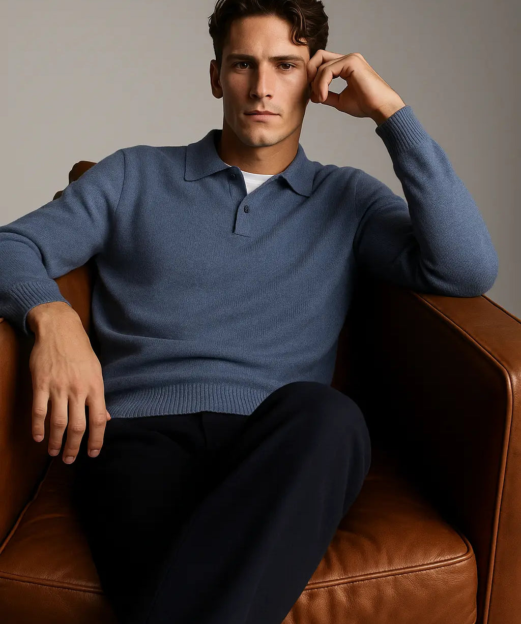 Blue Classic Cotton Knit Sweater shown in a lifestyle setting