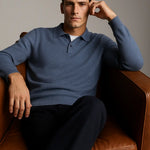 Blue Classic Cotton Knit Sweater shown in a lifestyle setting