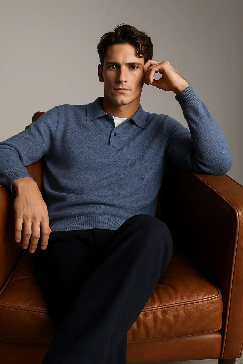 Blue Classic Cotton Knit Sweater shown in a lifestyle setting