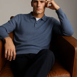 Blue Classic Cotton Knit Sweater shown in a lifestyle setting