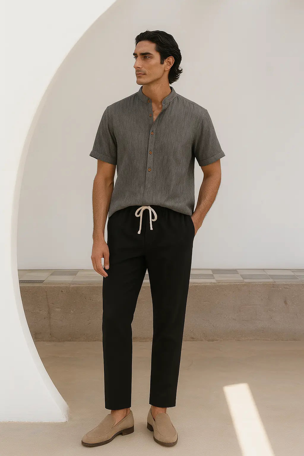 Dominica - Short-Sleeved Set shown in a lifestyle setting, full length view