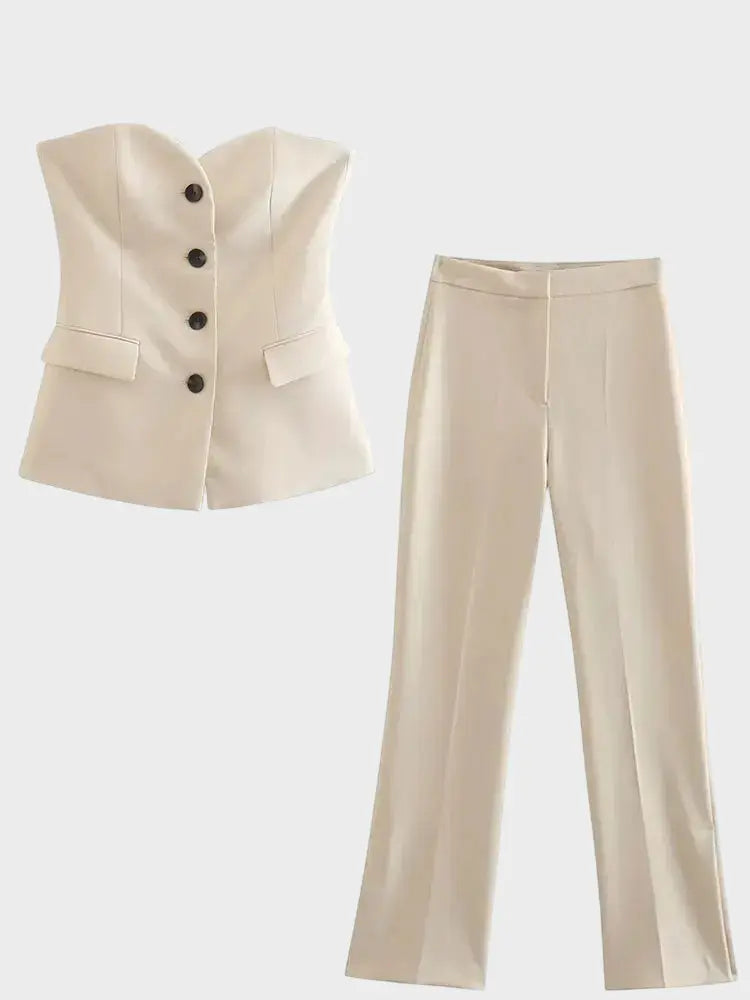 Front view of Beige Suit Élan Strapless Suit Set