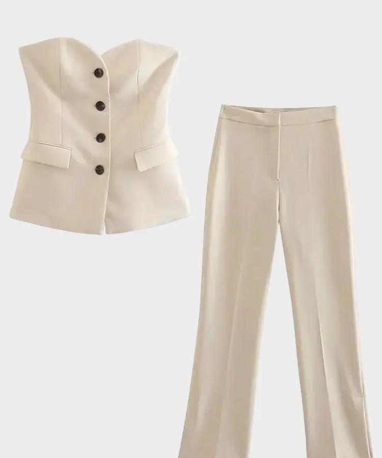 Front view of Beige Suit Élan Strapless Suit Set