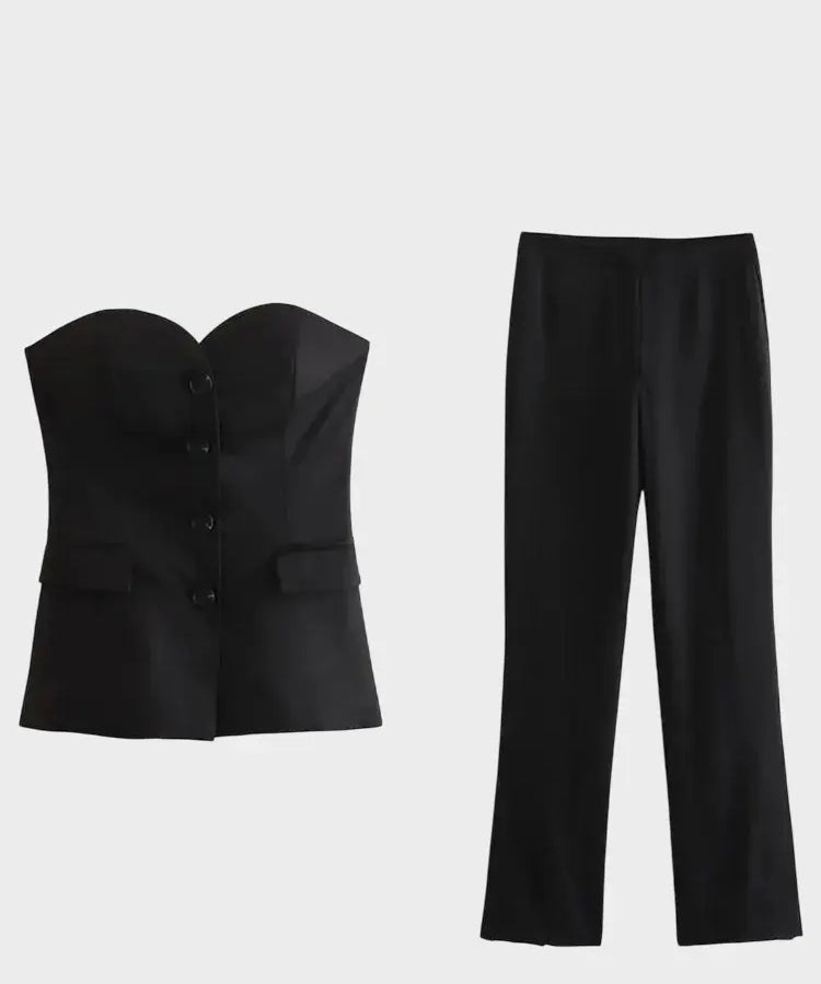 Front view of Black Suit Élan Strapless Suit Set