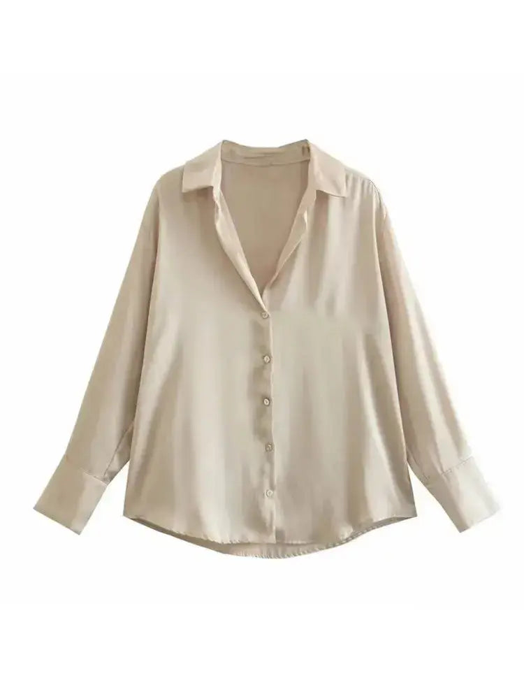 Front view of Beige Elegant Satin Blouse