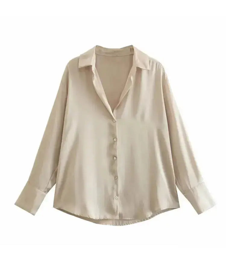Front view of Beige Elegant Satin Blouse
