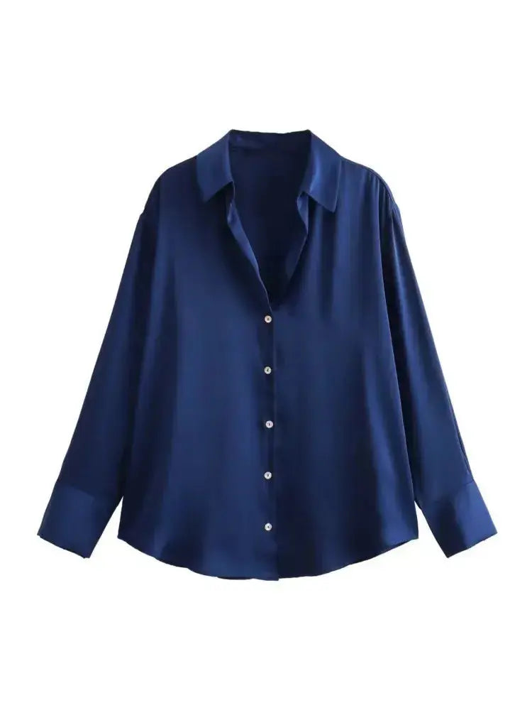 Front view of Navy Blue Elegant Satin Blouse
