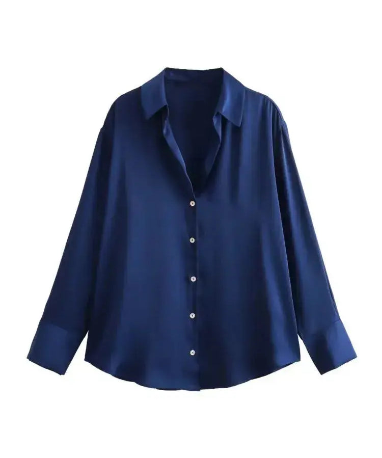 Front view of Navy Blue Elegant Satin Blouse