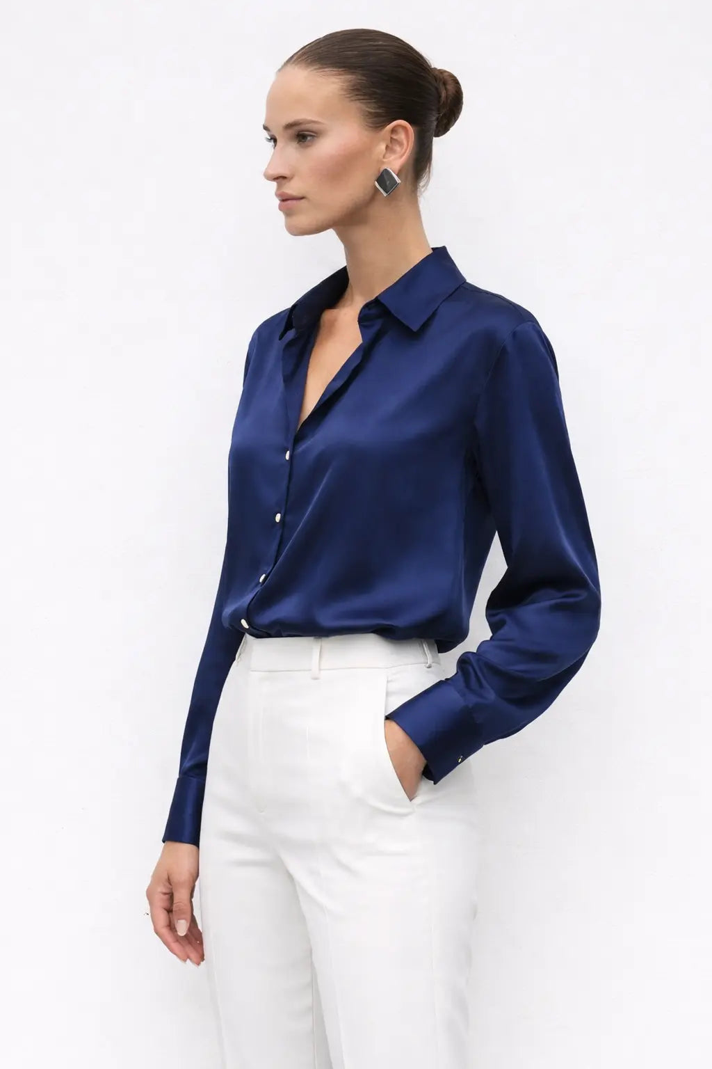 Elegant Satin Blouse shown in a lifestyle setting, alternate view