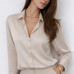 Elegant Satin Blouse shown in a lifestyle setting, back angle view