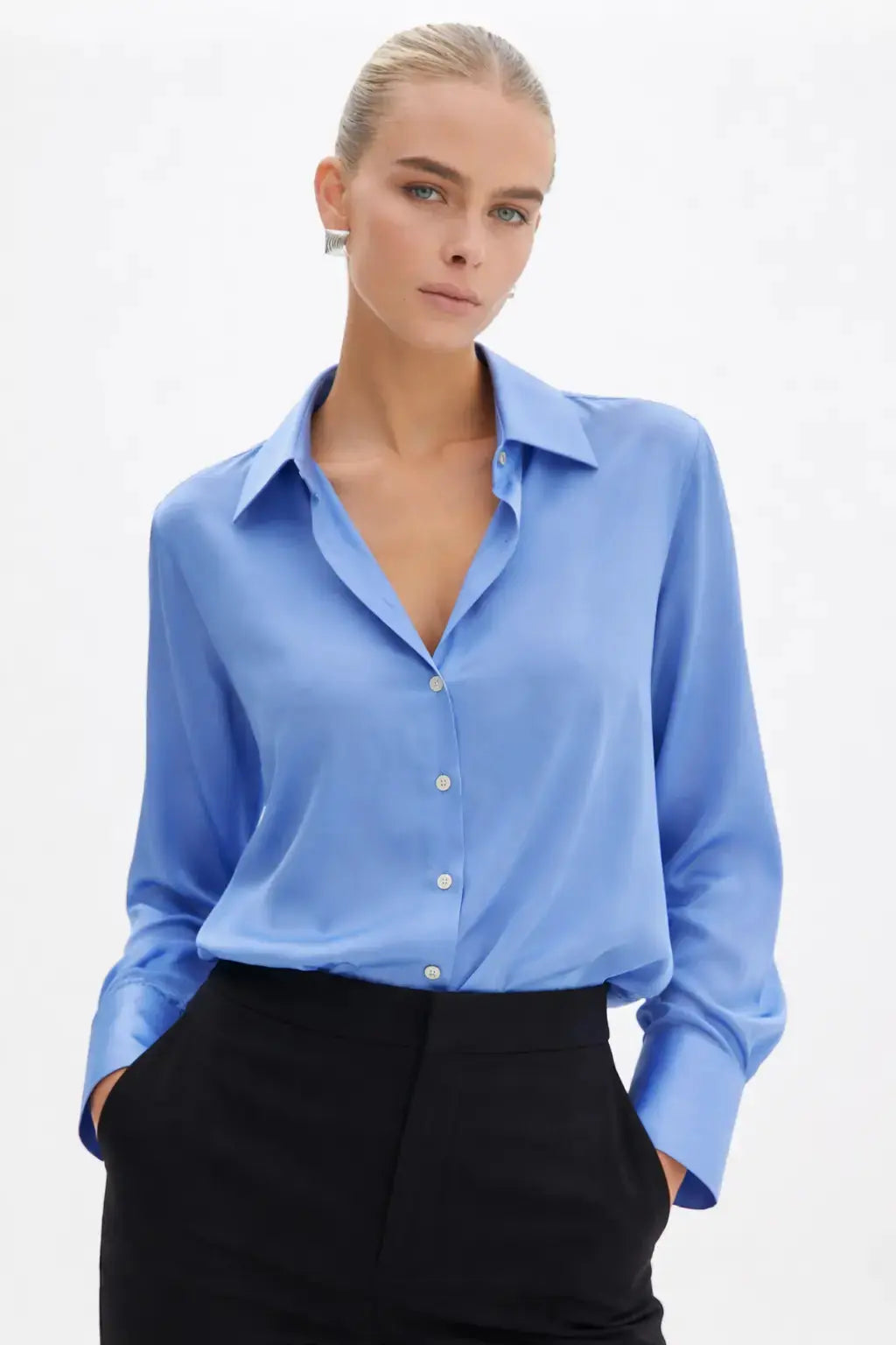 Elegant Satin Blouse shown in a lifestyle setting, full length view