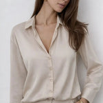 Elegant Satin Blouse shown in a lifestyle setting, side angle view