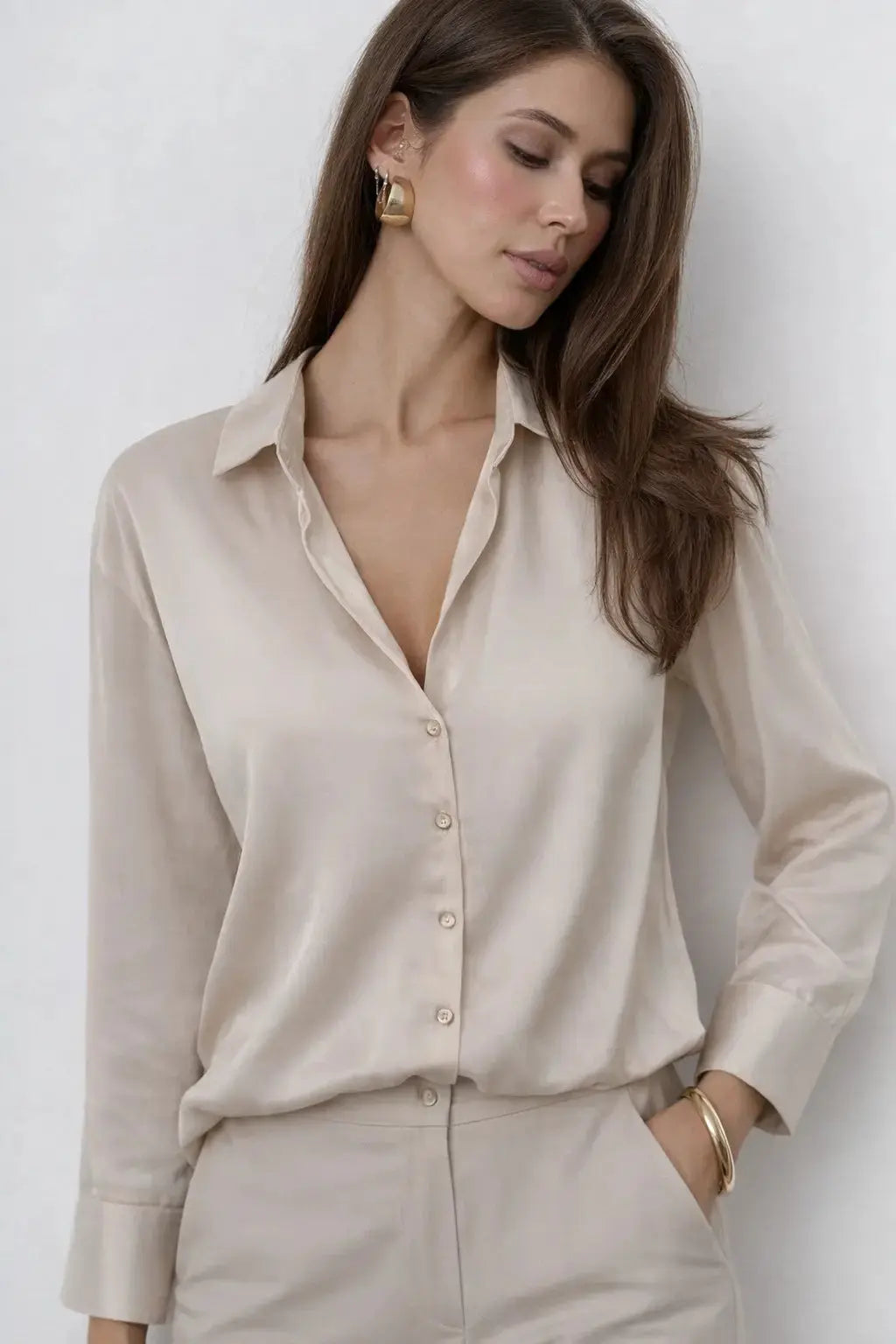 Elegant Satin Blouse shown in a lifestyle setting, side angle view