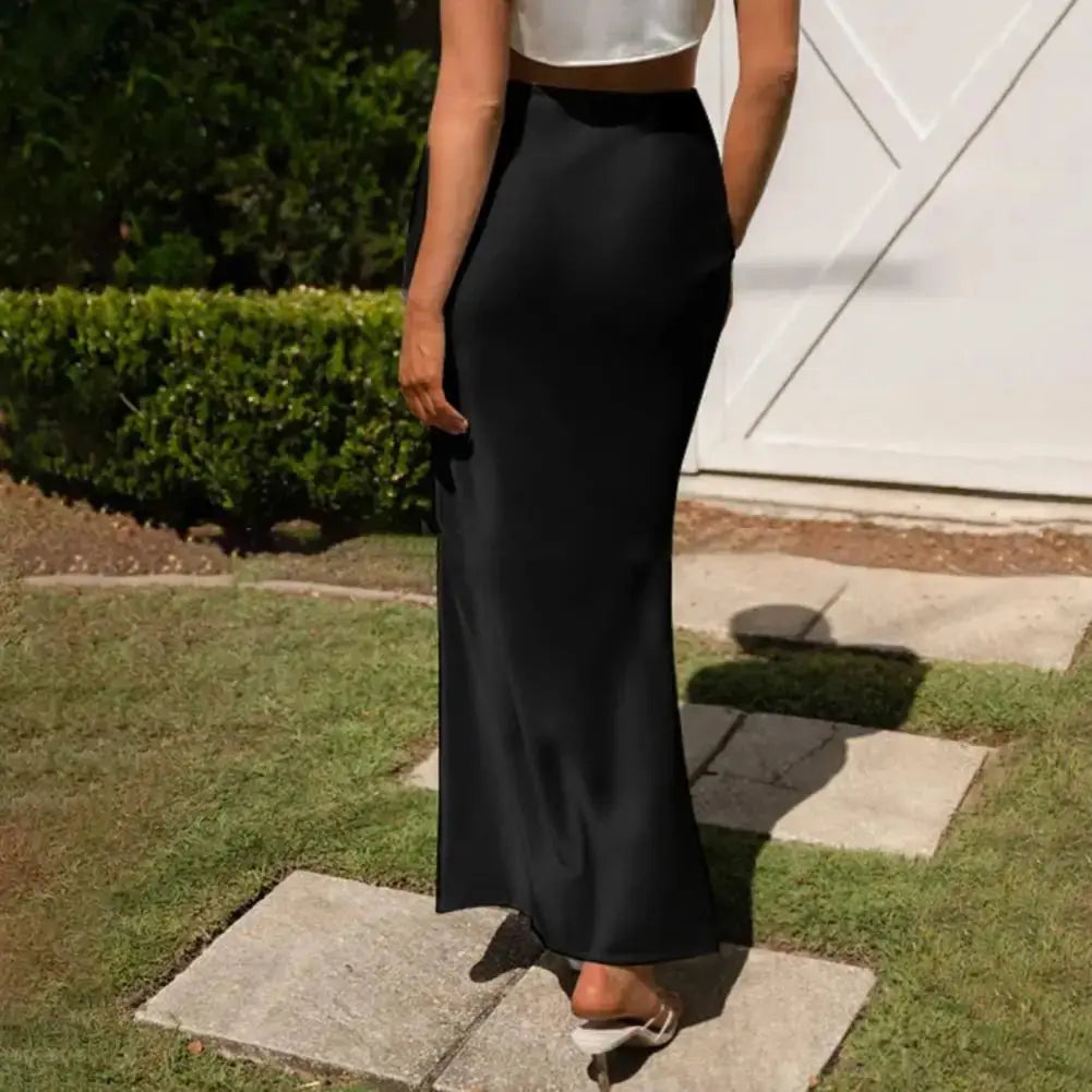 Elegant Women's Satin Skirt shown in a lifestyle setting