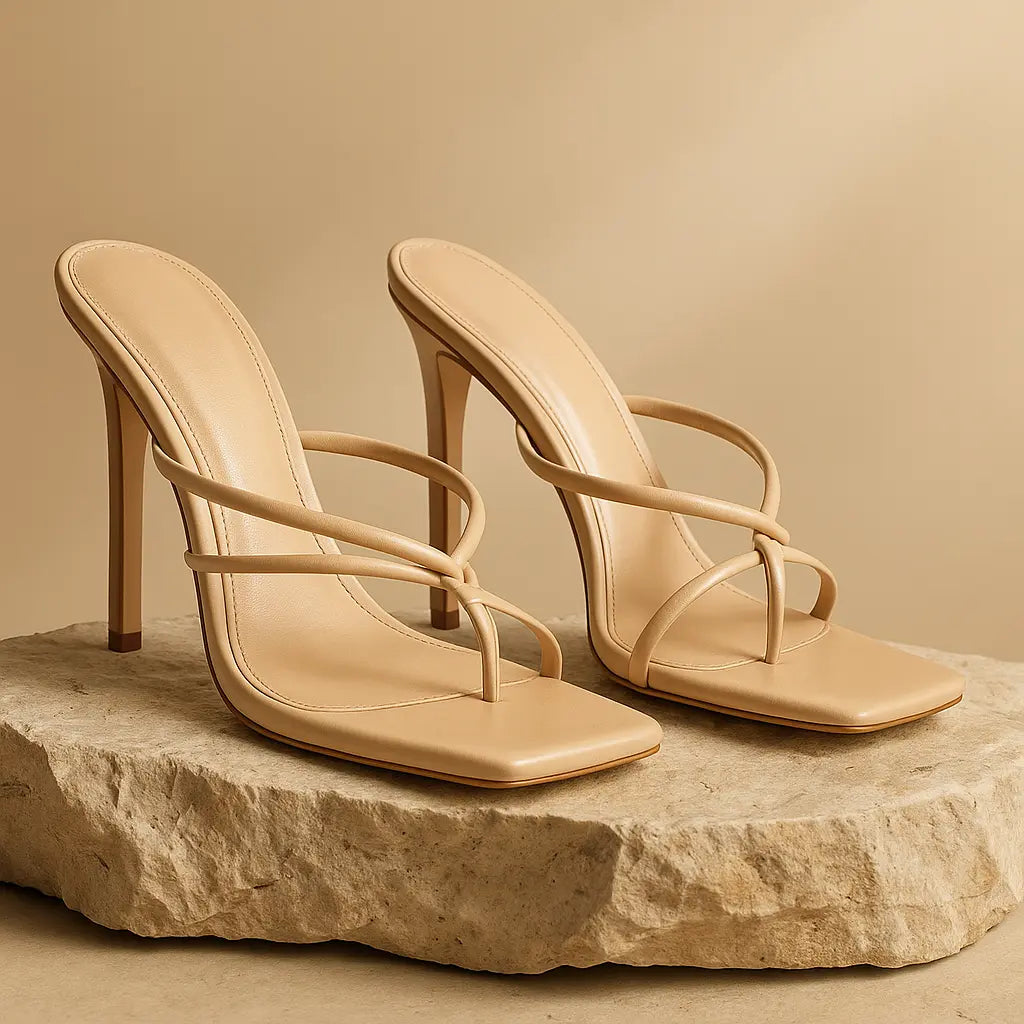 Three-quarter view of Beige Amara Heels