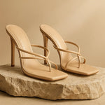 Three-quarter view of Beige Amara Heels
