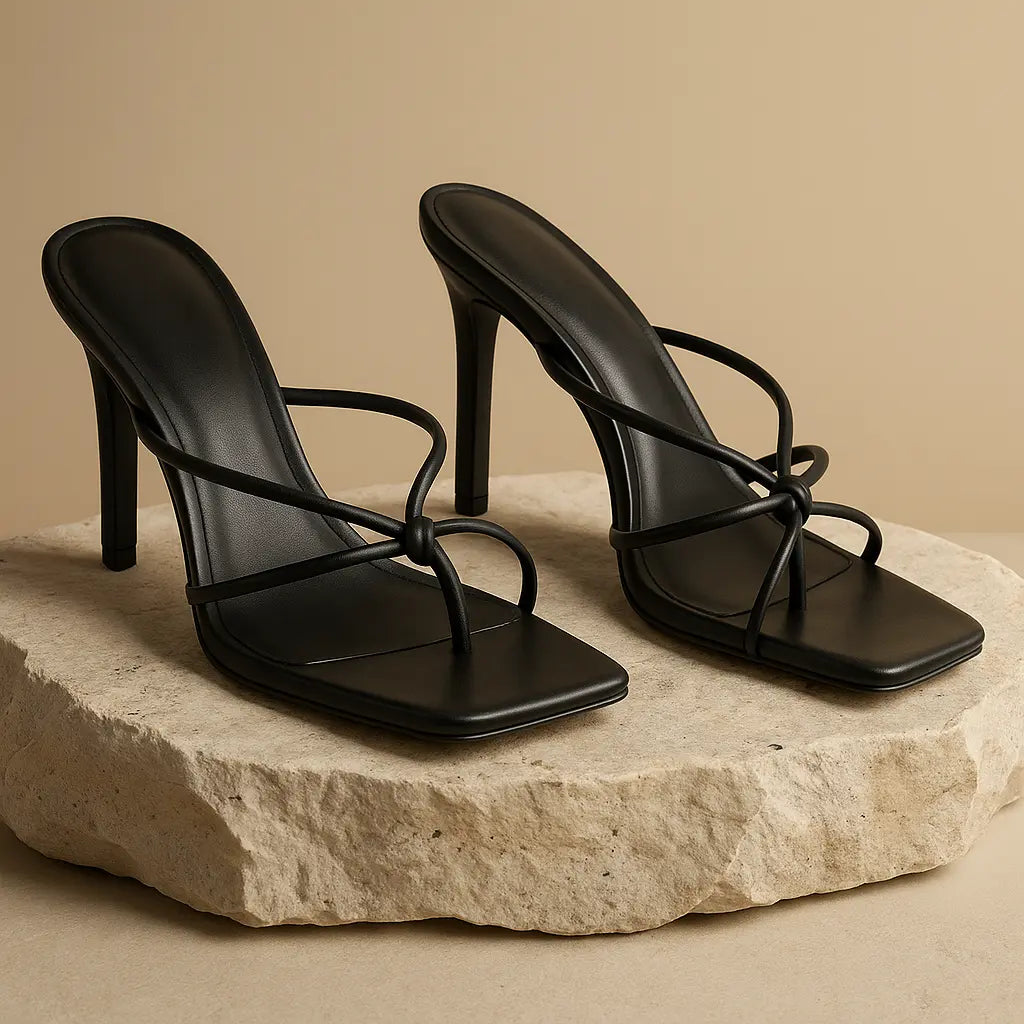 Three-quarter view of Black Amara Heels