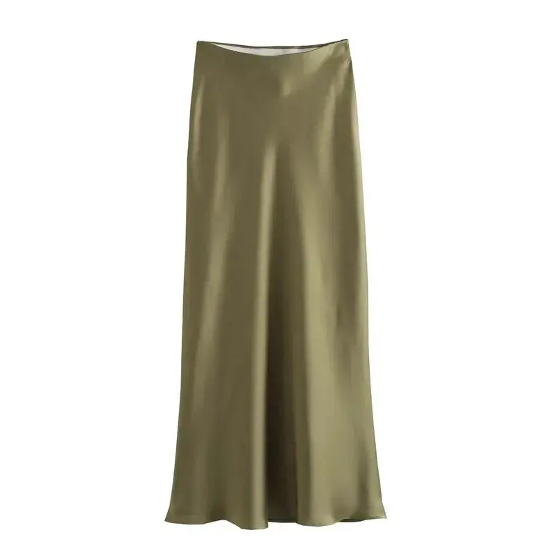 Front view of Army Green Ella Silk Skirt