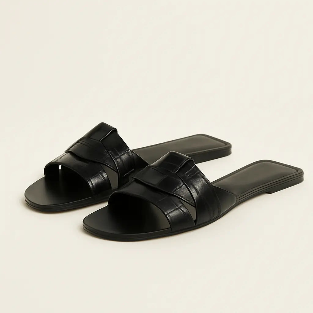 Front view of Black Elysian Sandals