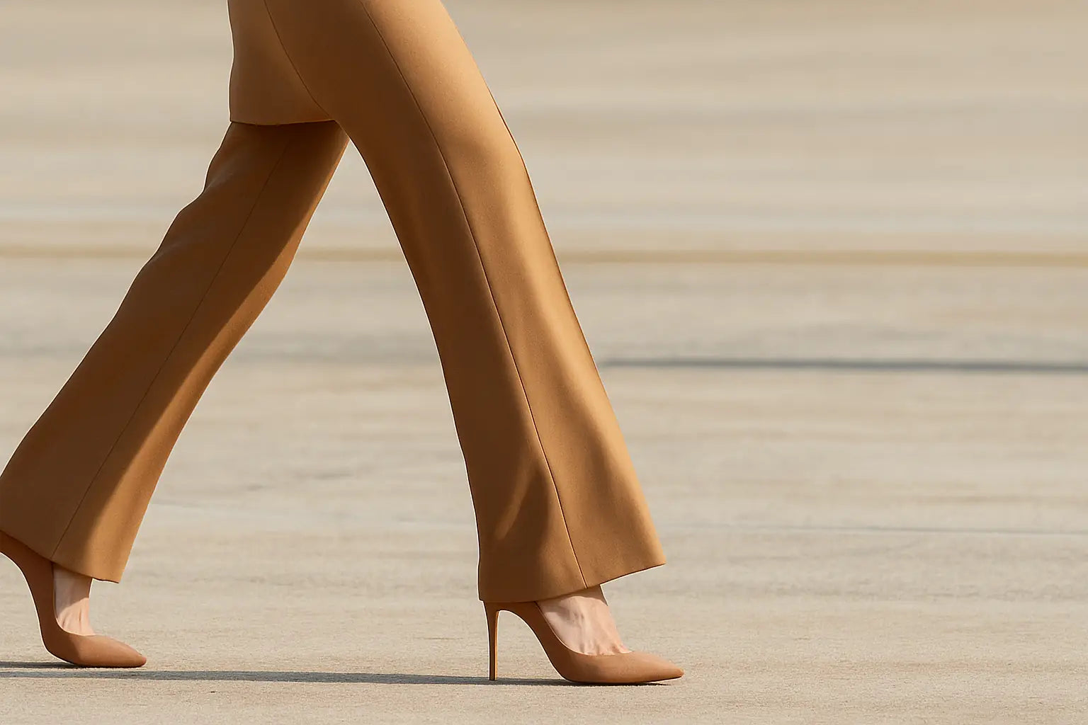 FERNACHE camel tailored trousers with matching heels – refined minimalist Old Money fashion in timeless neutral tones.