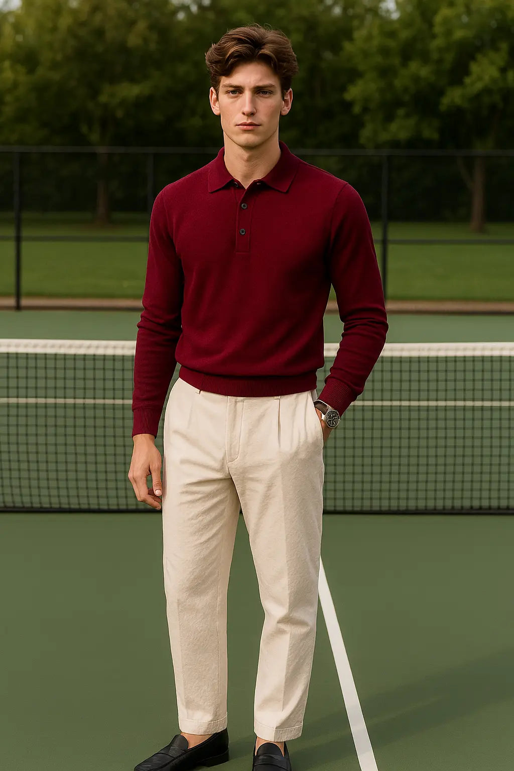 Fernache Cashmere Knit Polo shown in a lifestyle setting, alternate view