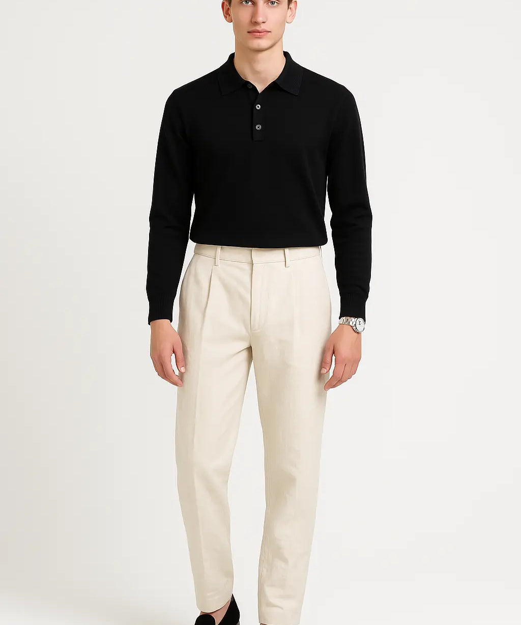 Black Fernache Cashmere Knit Polo shown in a lifestyle setting