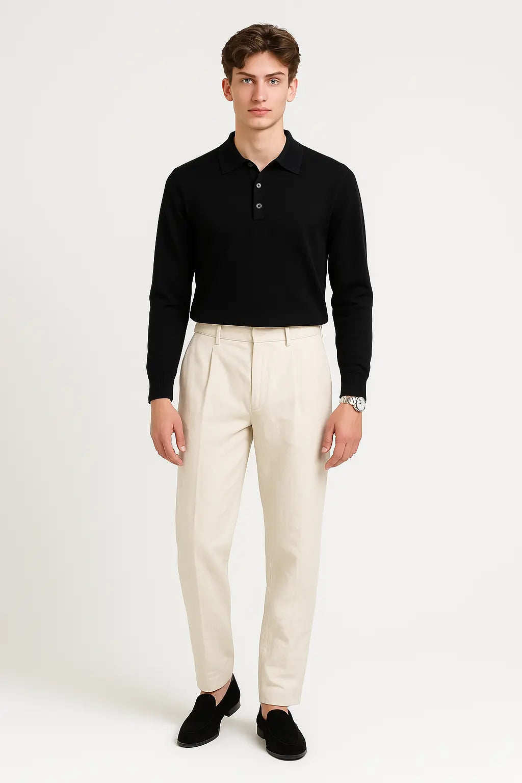 Black Fernache Cashmere Knit Polo shown in a lifestyle setting