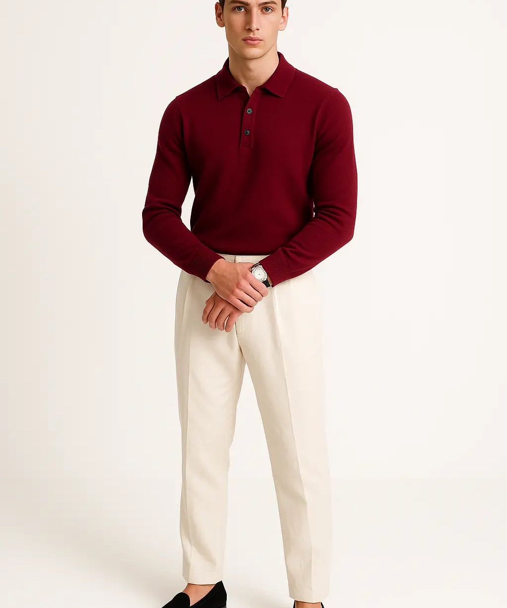 Burgundy Fernache Cashmere Knit Polo shown in a lifestyle setting