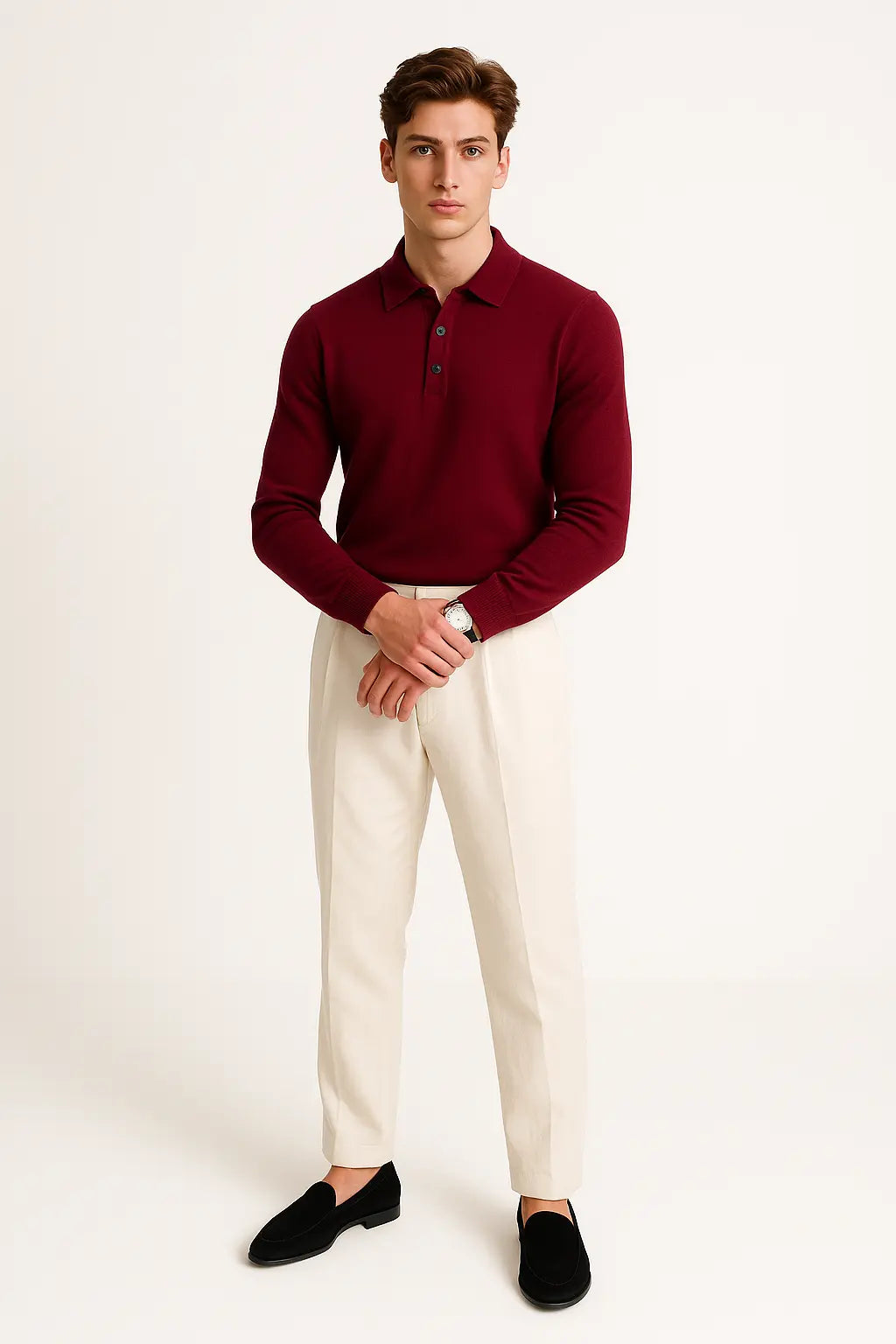 Burgundy Fernache Cashmere Knit Polo shown in a lifestyle setting