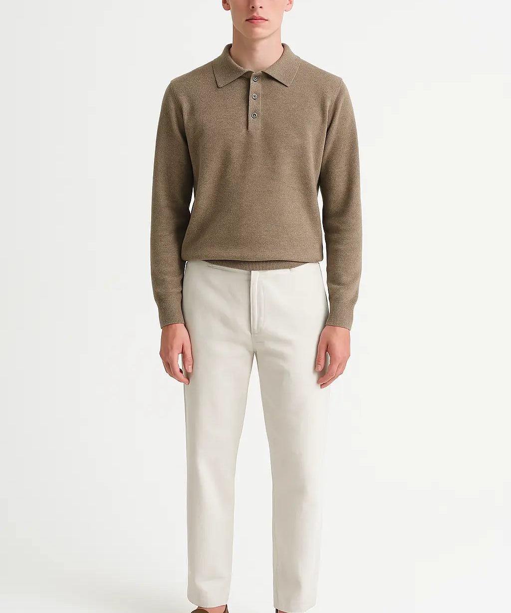 Camel Fernache Cashmere Knit Polo shown in a lifestyle setting