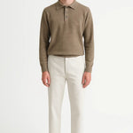 Camel Fernache Cashmere Knit Polo shown in a lifestyle setting