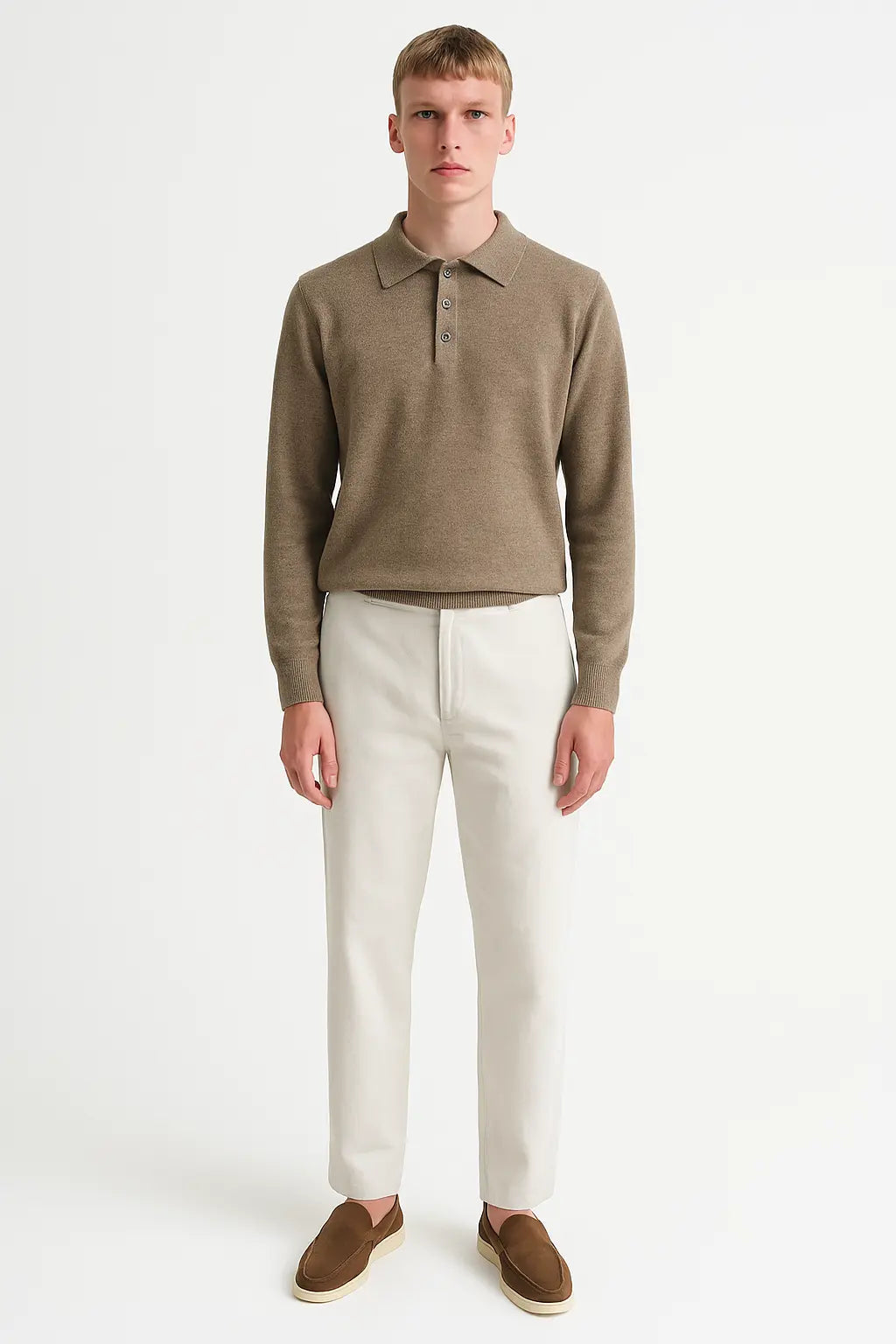 Camel Fernache Cashmere Knit Polo shown in a lifestyle setting