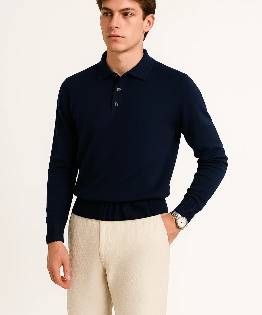 Navy Blue Fernache Cashmere Knit Polo shown in a lifestyle setting
