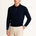 Navy Blue Fernache Cashmere Knit Polo shown in a lifestyle setting