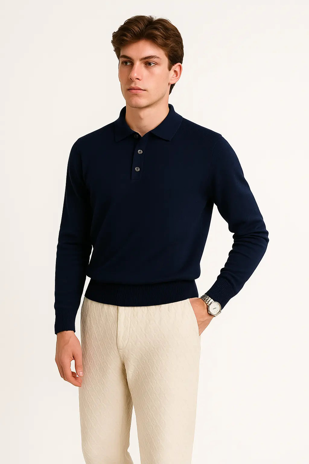 Navy Blue Fernache Cashmere Knit Polo shown in a lifestyle setting