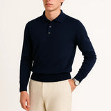 Navy Blue Fernache Cashmere Knit Polo shown in a lifestyle setting