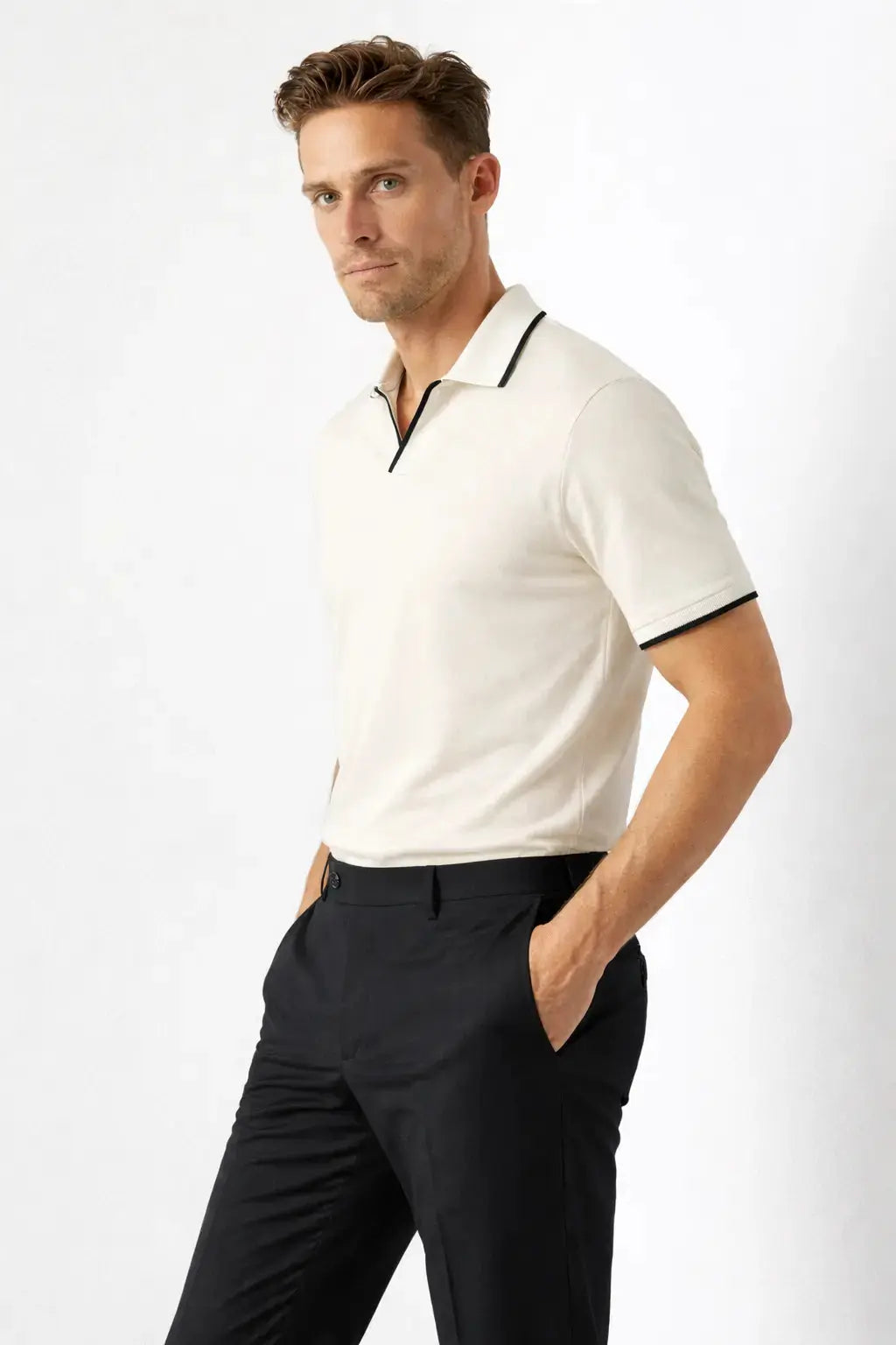 Contrast Slim Fitted Polo shown in a lifestyle setting, alternate view