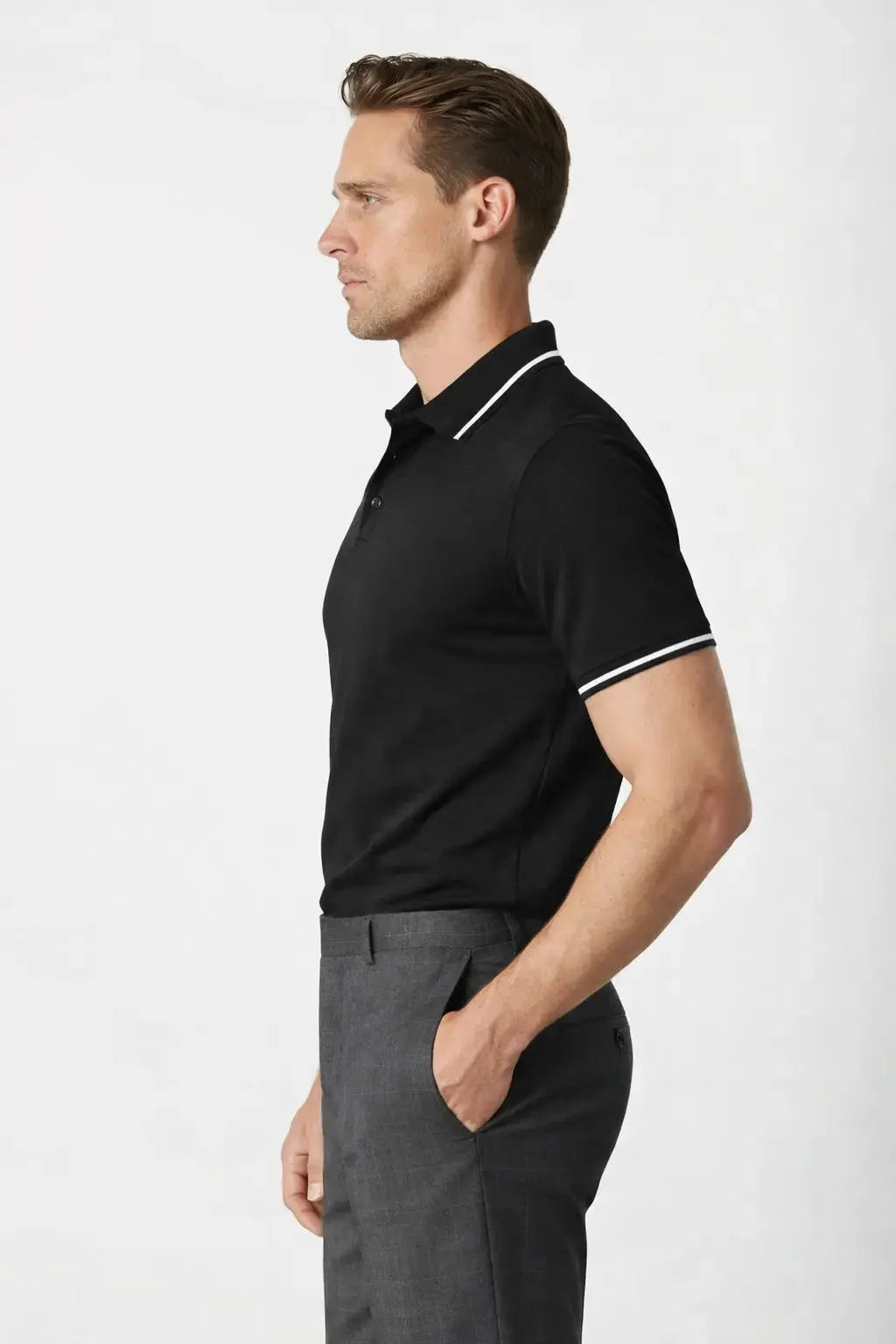 Contrast Slim Fitted Polo shown in a lifestyle setting, cropped view