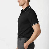 Contrast Slim Fitted Polo shown in a lifestyle setting, cropped view