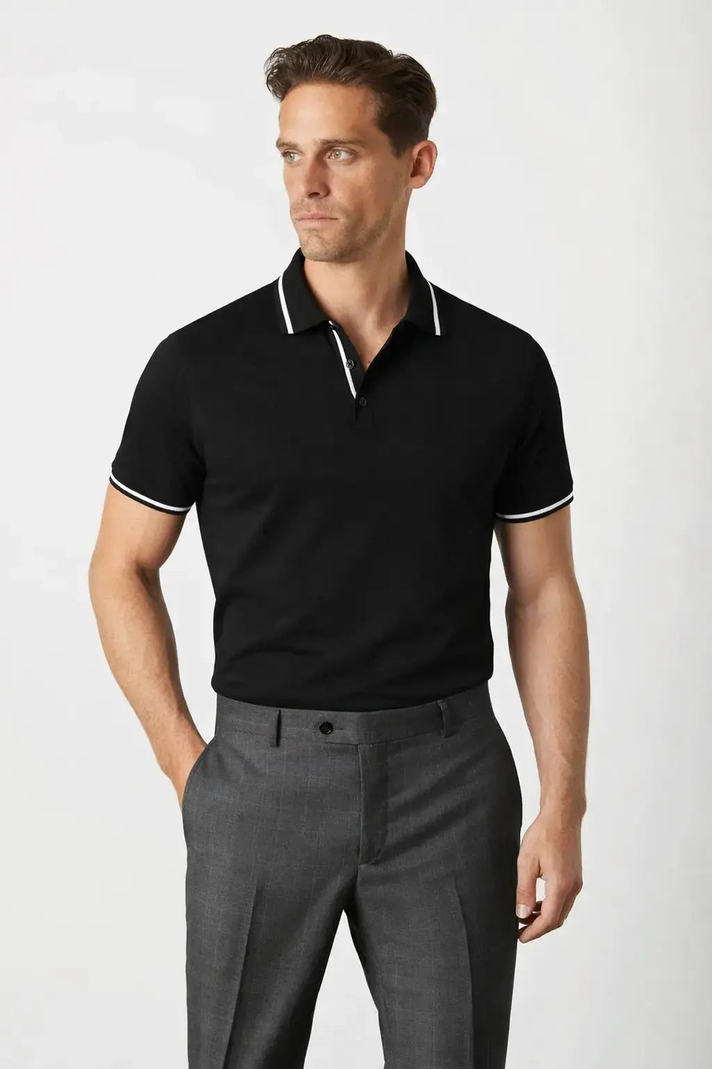 Contrast Slim Fitted Polo shown in a lifestyle setting, full length view