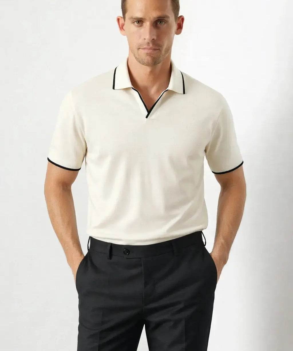 Contrast Slim Fitted Polo shown in a lifestyle setting